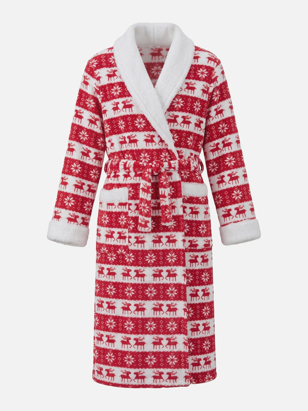Women's red Fair Isle reindeer print fleece dressing gown