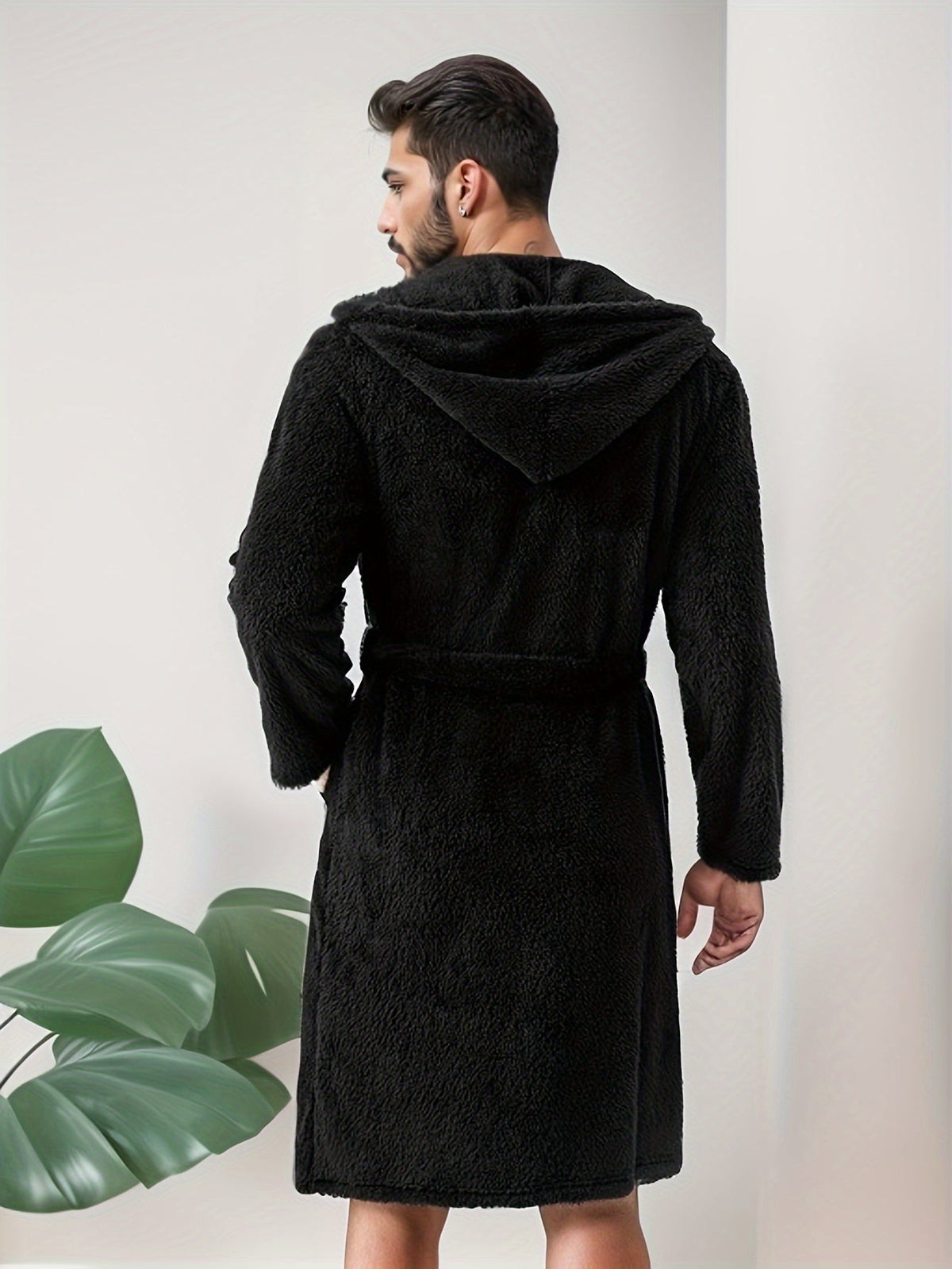 Men's short hooded towelling bathrobe