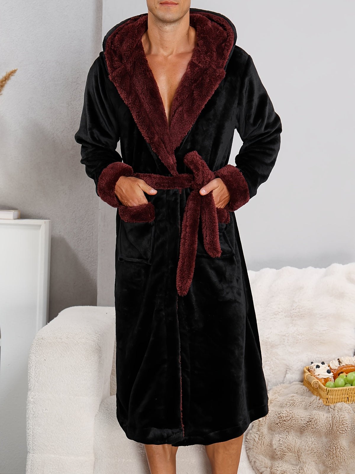 Men's black hooded plush dressing gown