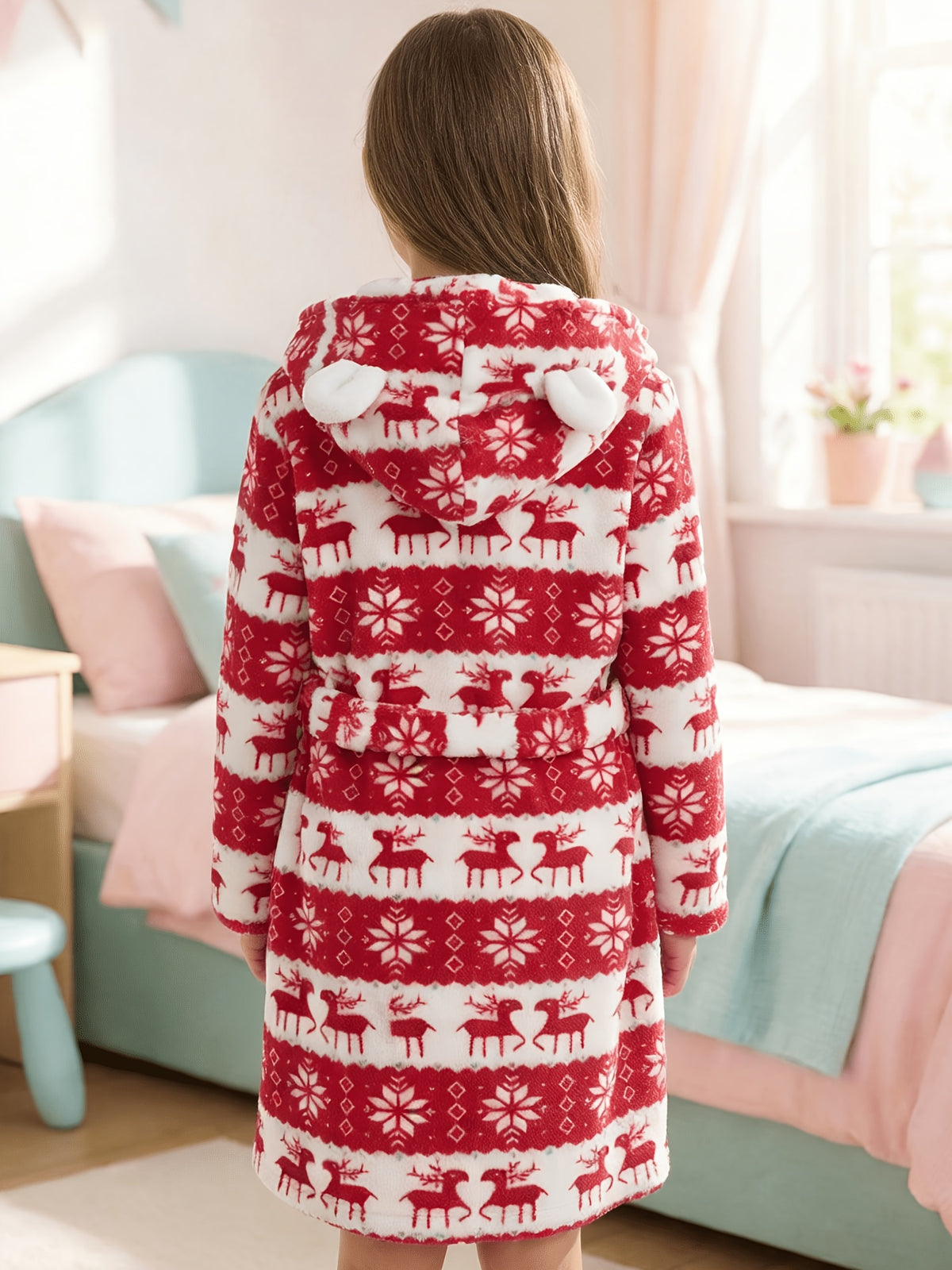 Girls' grey heart print hooded fleece dressing gown
