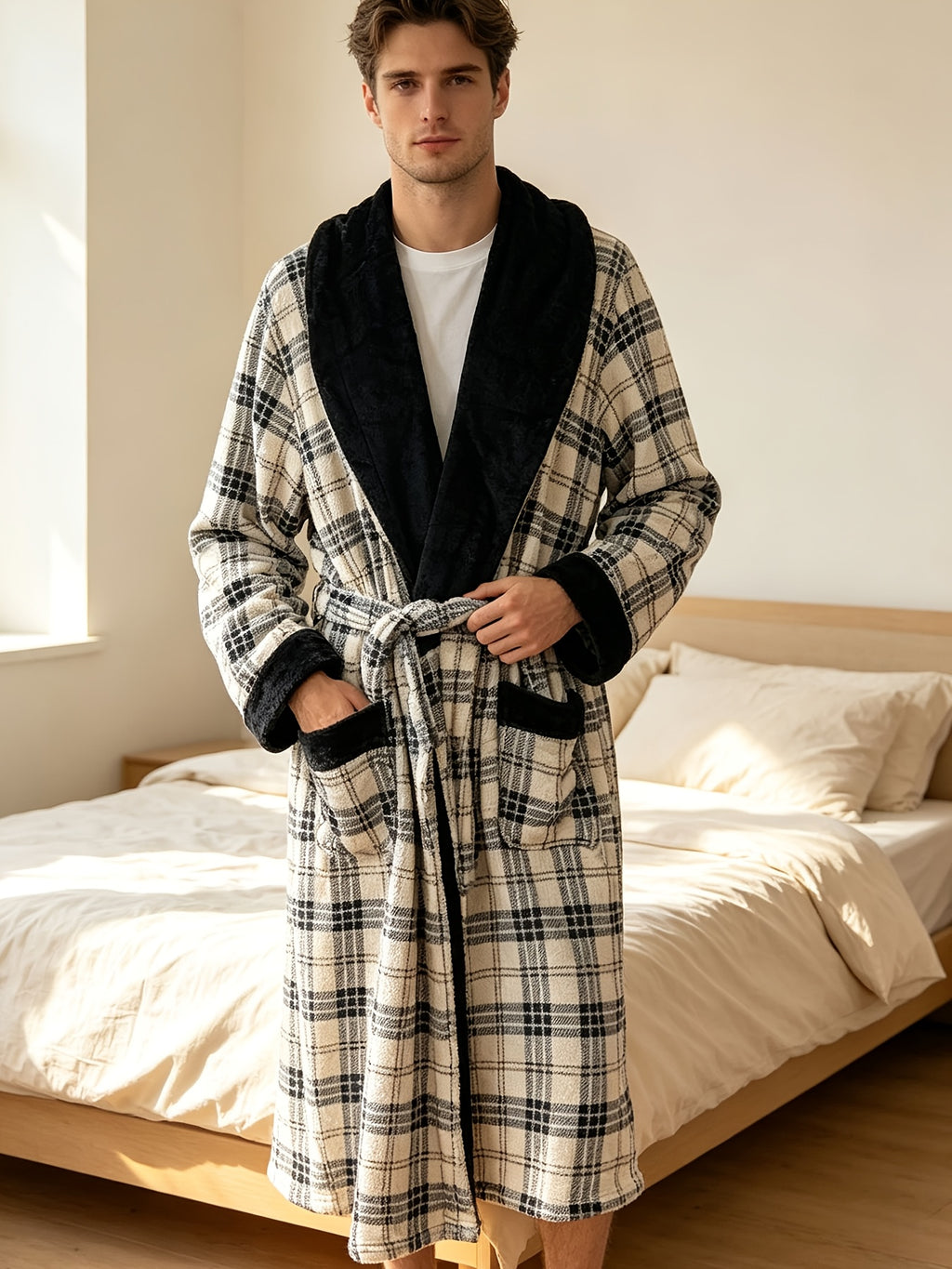Men's red plaid coral fleece dressing gown