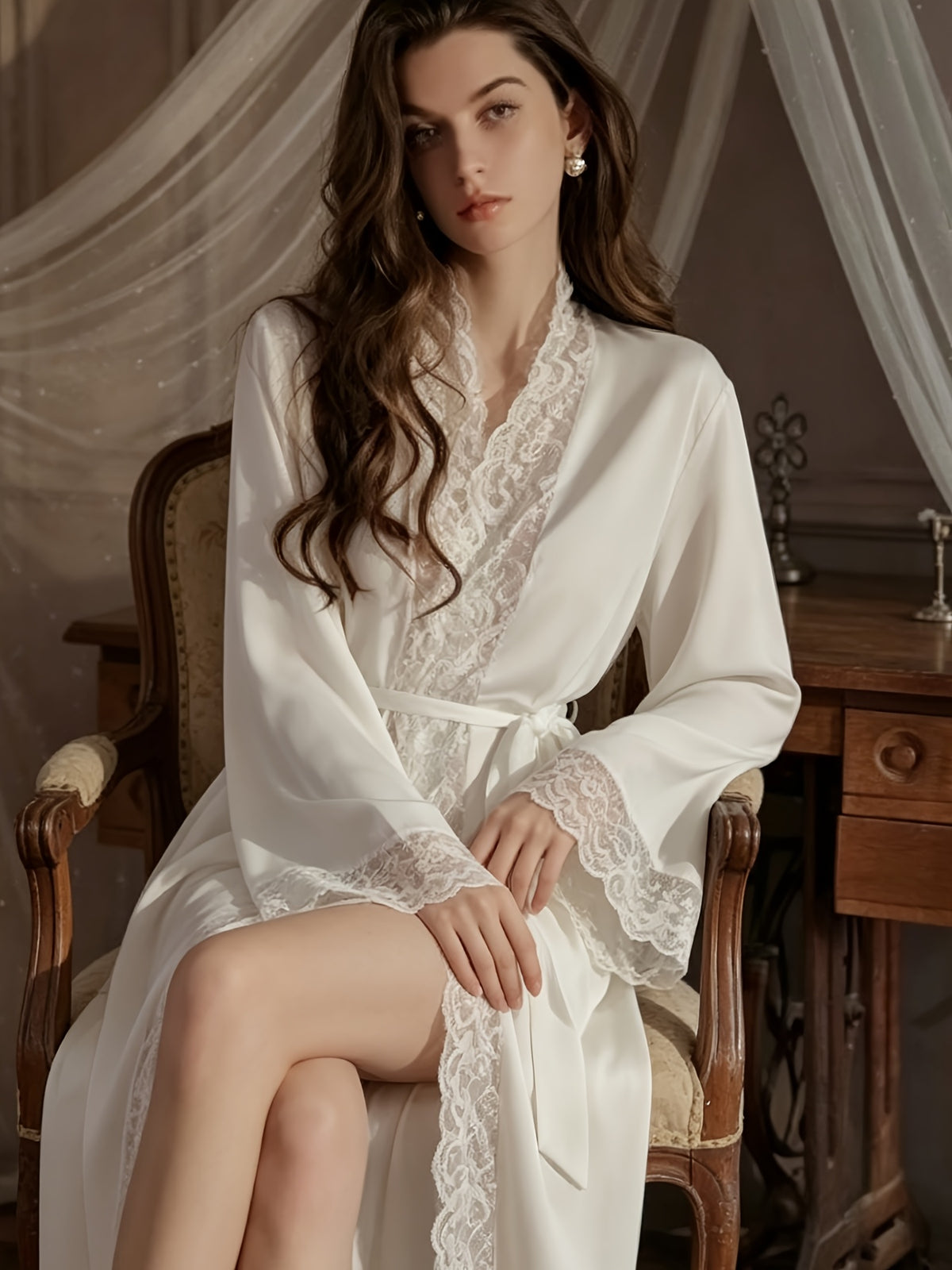 Women's white long satin dressing gown