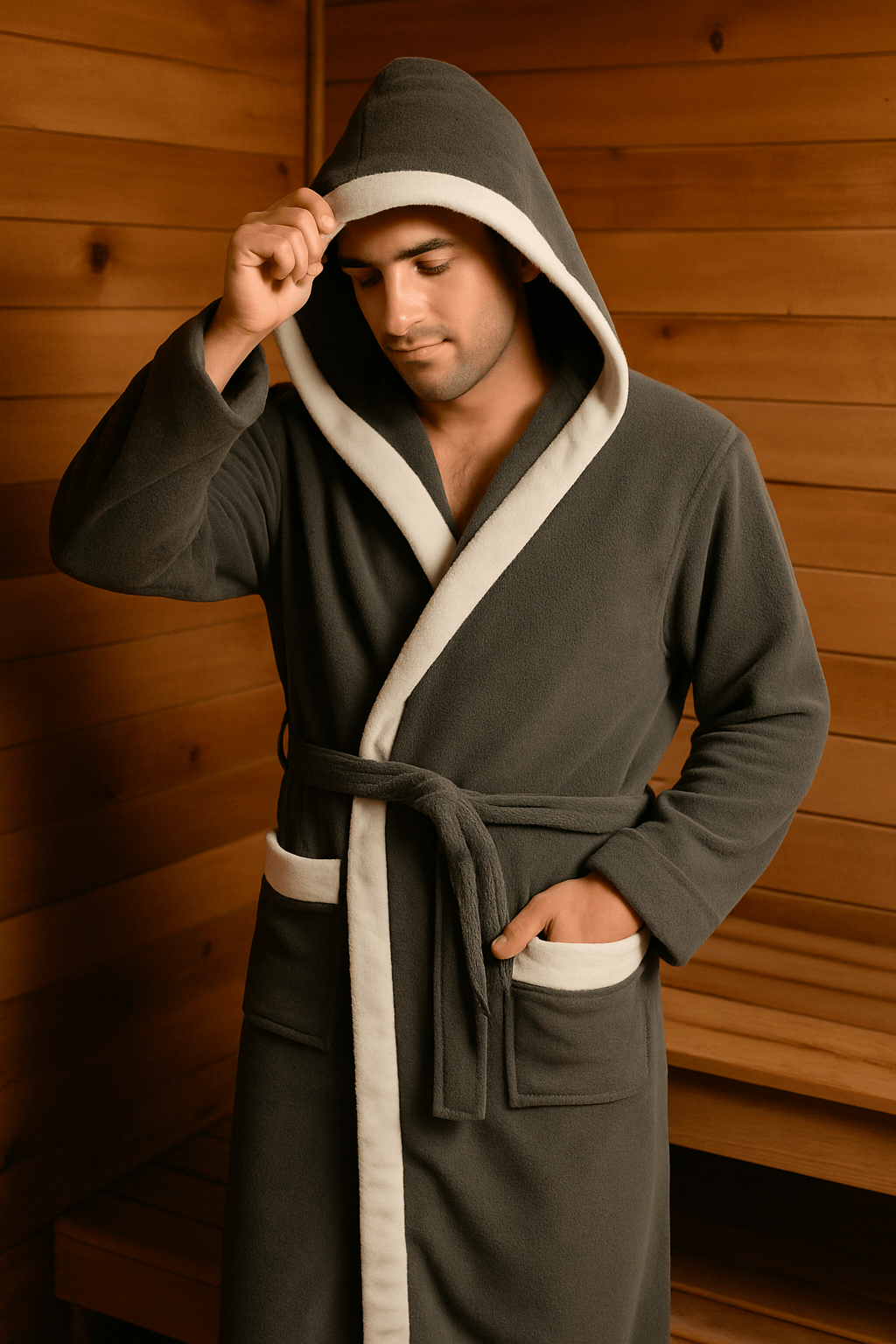 Men's hooded terry towelling bathrobe