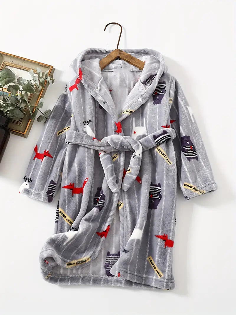 Kids' grey animal print towelling bathrobe — Grey