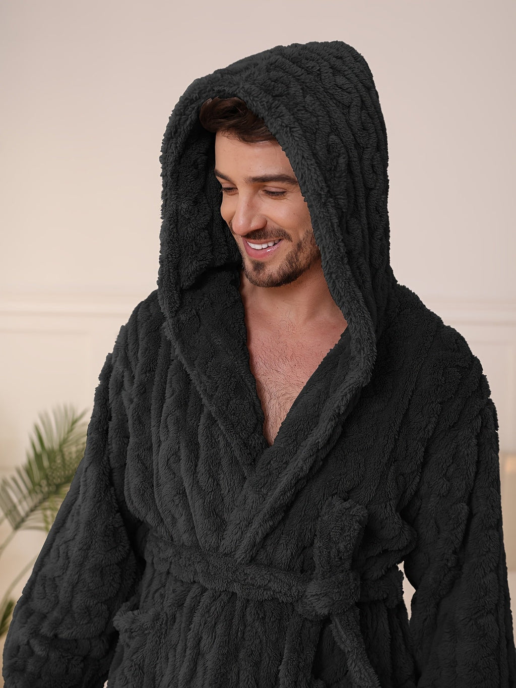 Men's cable-textured hooded towelling bathrobe