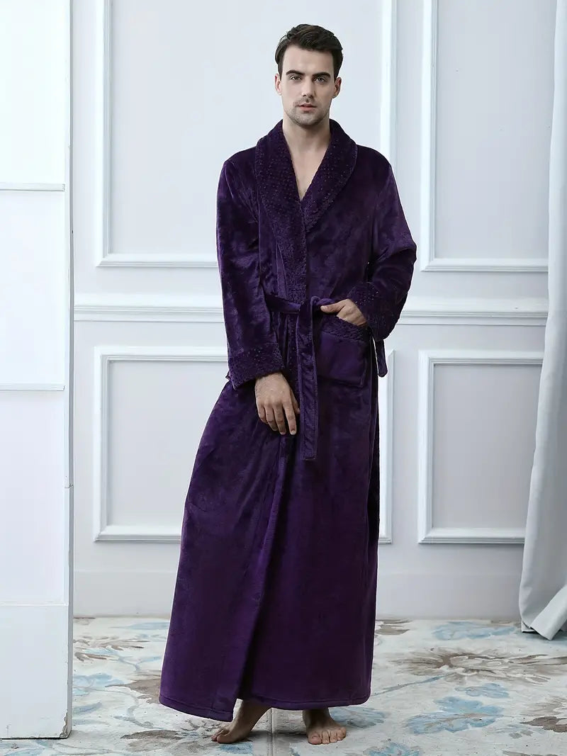 Men's long thick fleece bathrobe, luxury