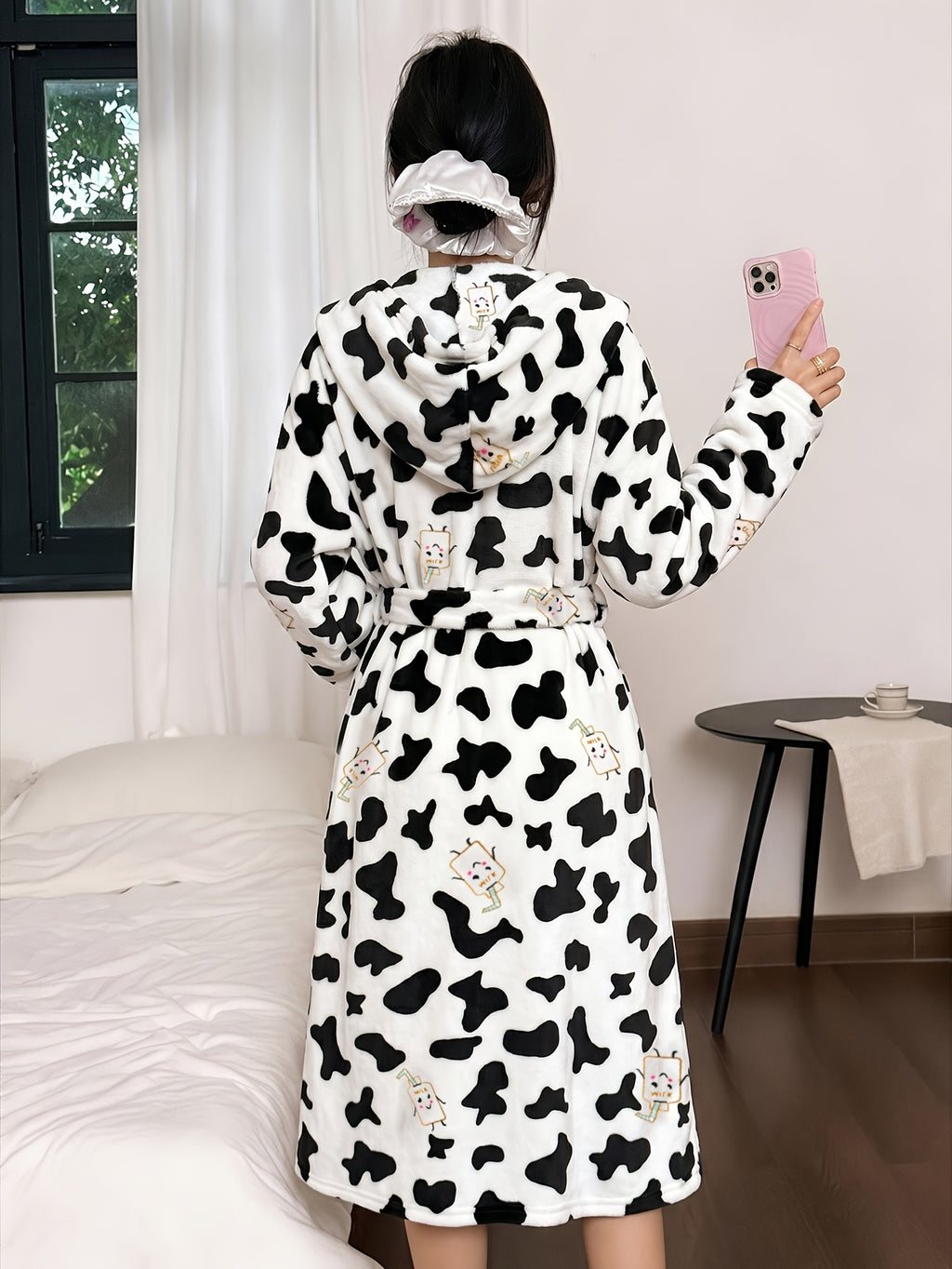 Women's cow print hooded fleece dressing gown
