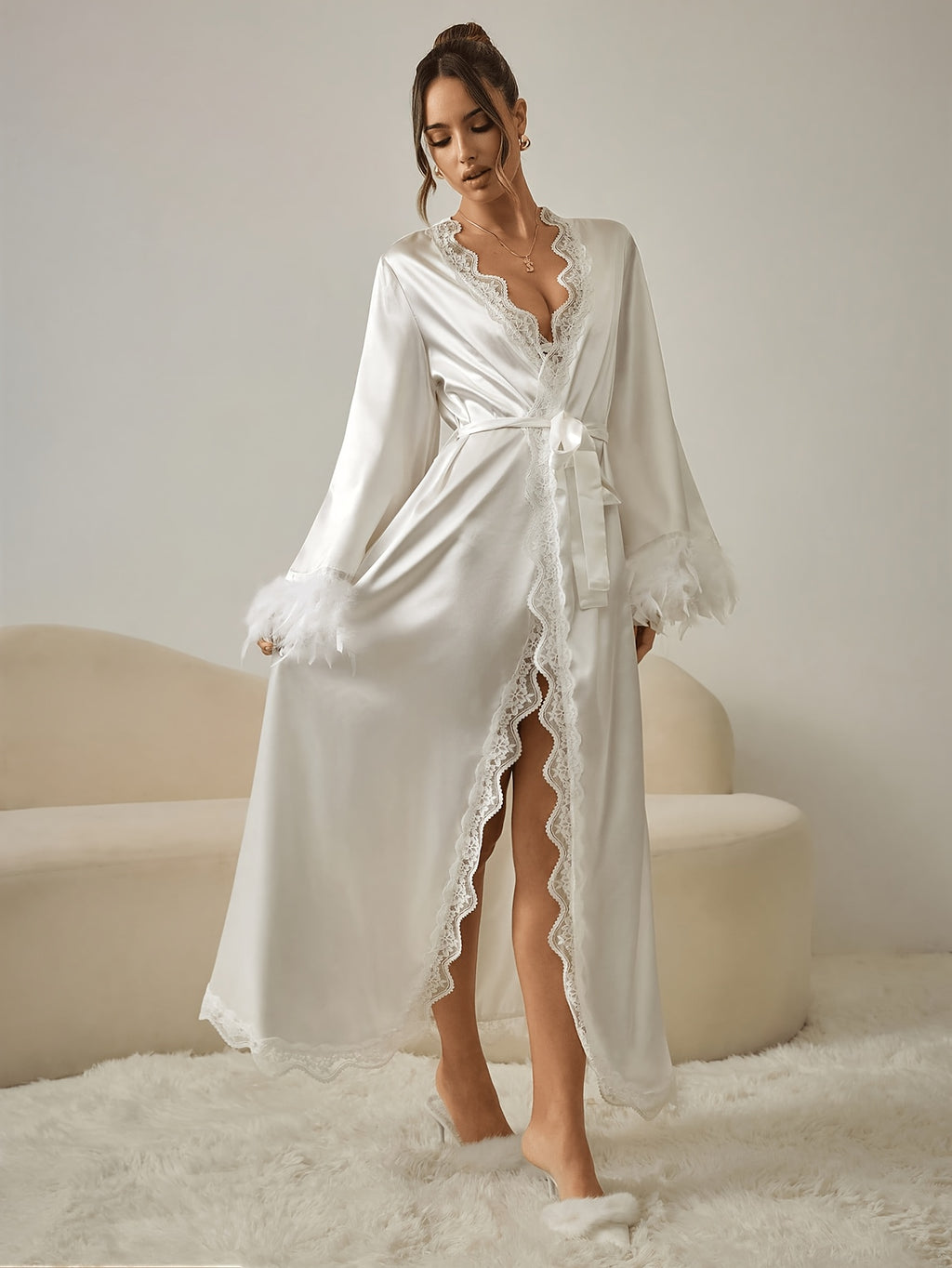 Women's white long satin bathrobe