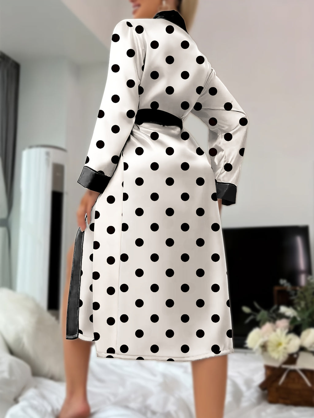 Women's white polka dot satin dressing gown