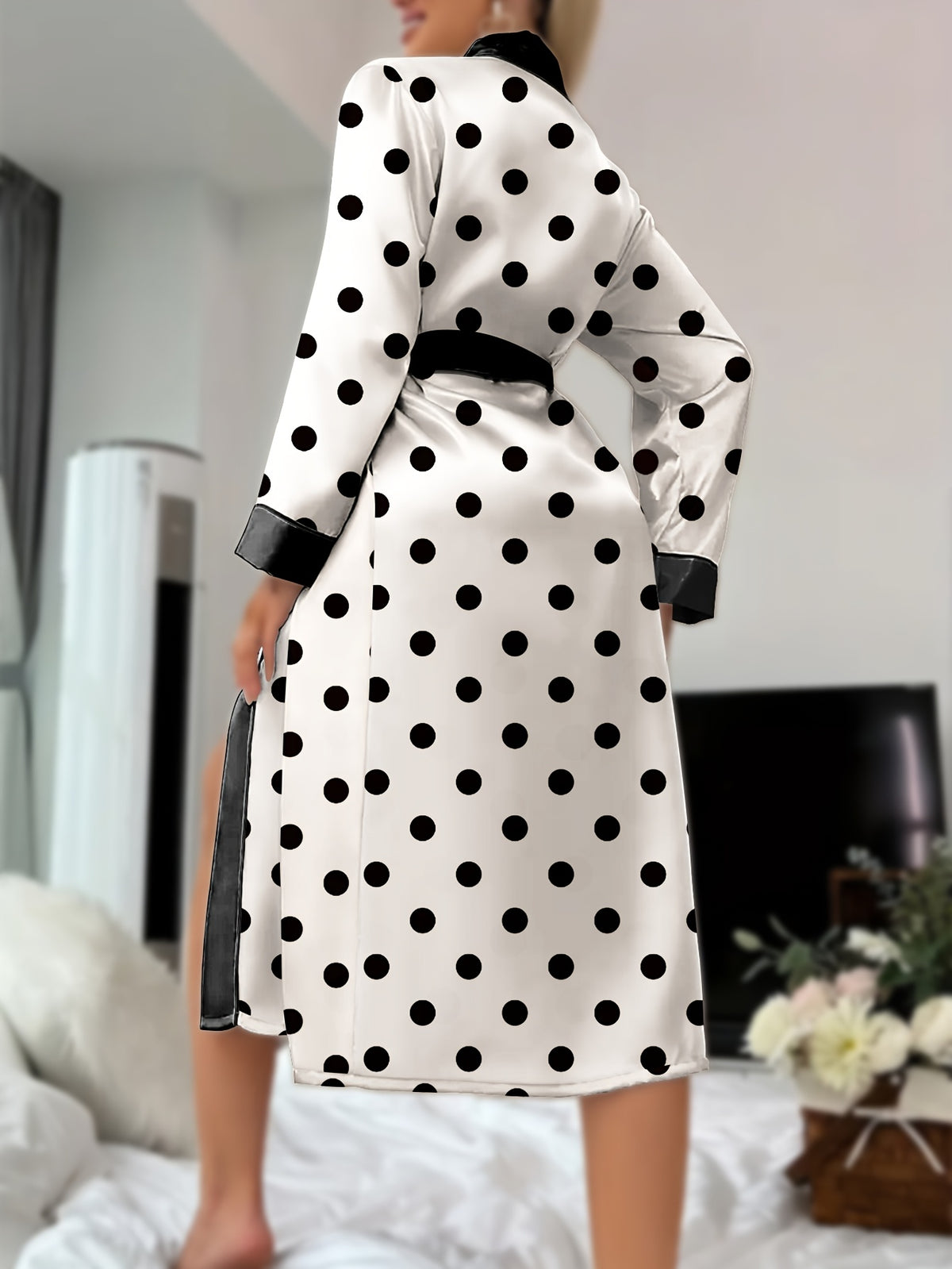 Women's white polka dot satin dressing gown