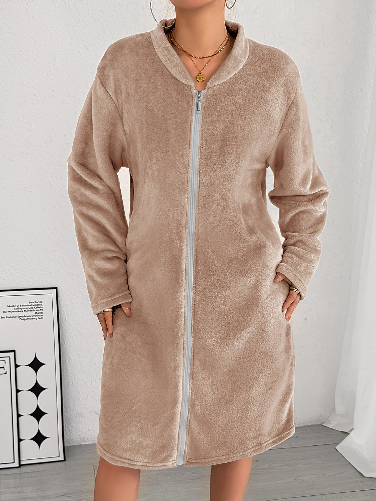 Women's thick flannel zip-up dressing gown