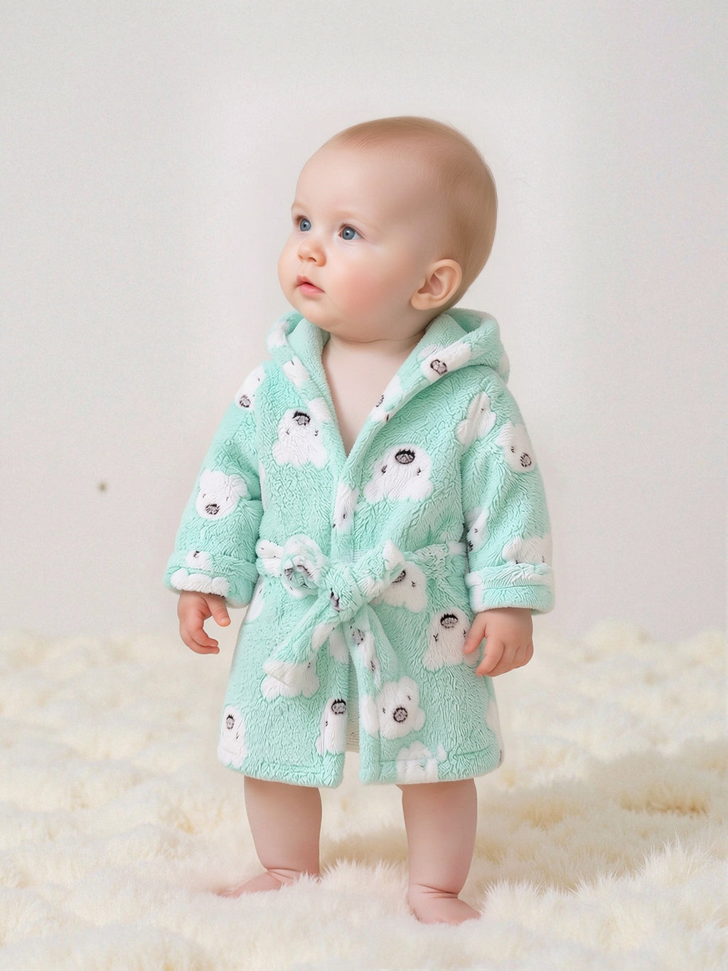 Baby blue hooded fleece bathrobe