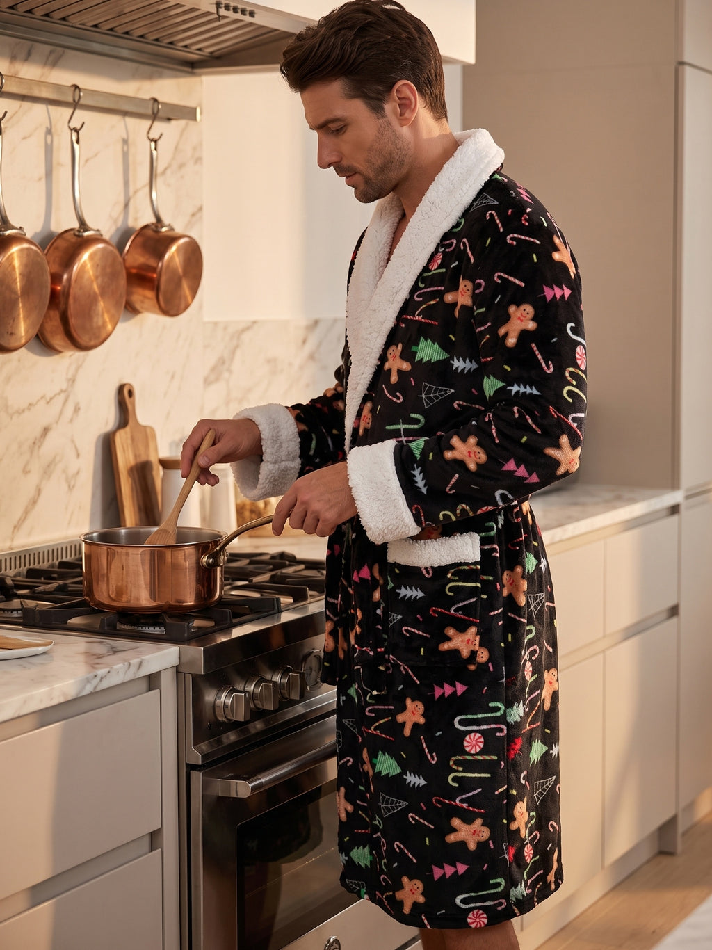 Men's gingerbread print flannel dressing gown