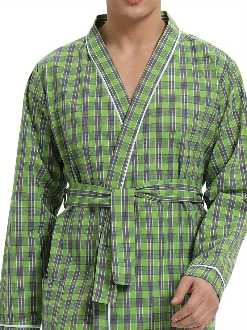 Men's long green checked cotton kimono robe