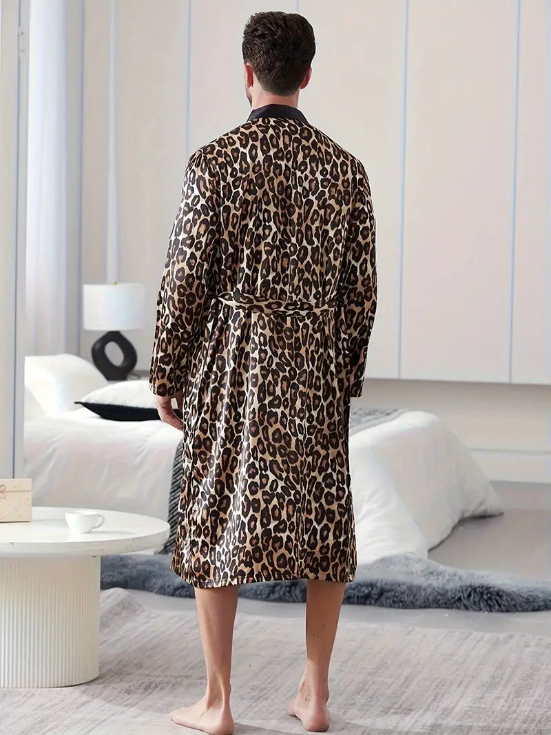 Men's leopard print robe and shorts set
