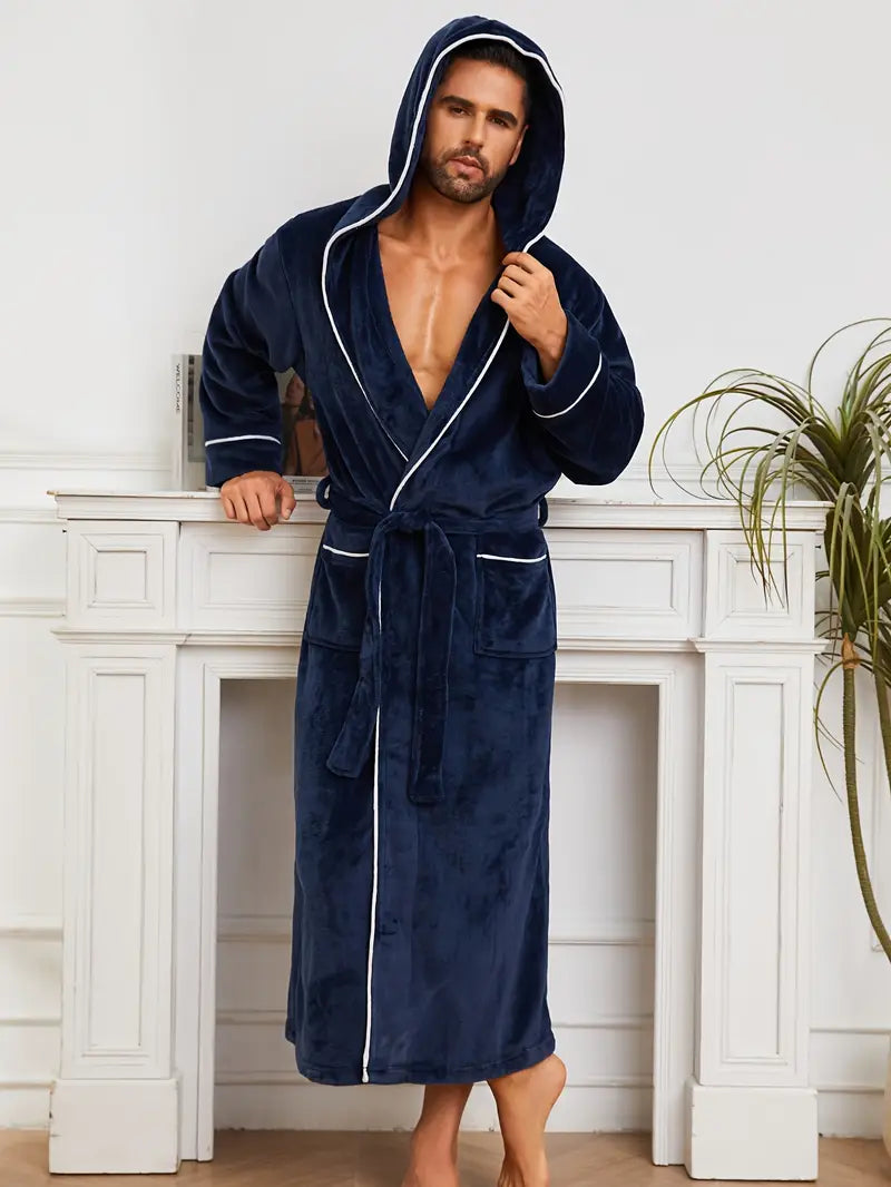 Men's luxury long hooded fleece dressing gown