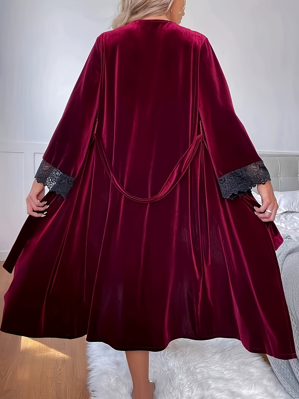 Women's plus size burgundy velvet dressing gown