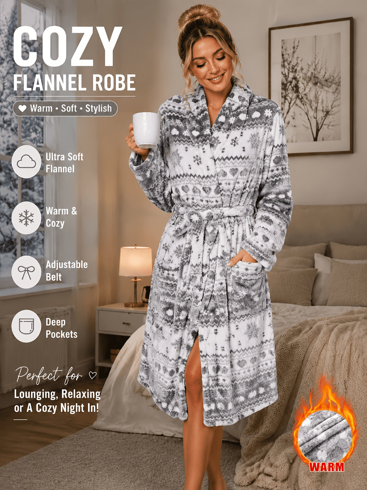 Women's grey flannel hooded dressing gown
