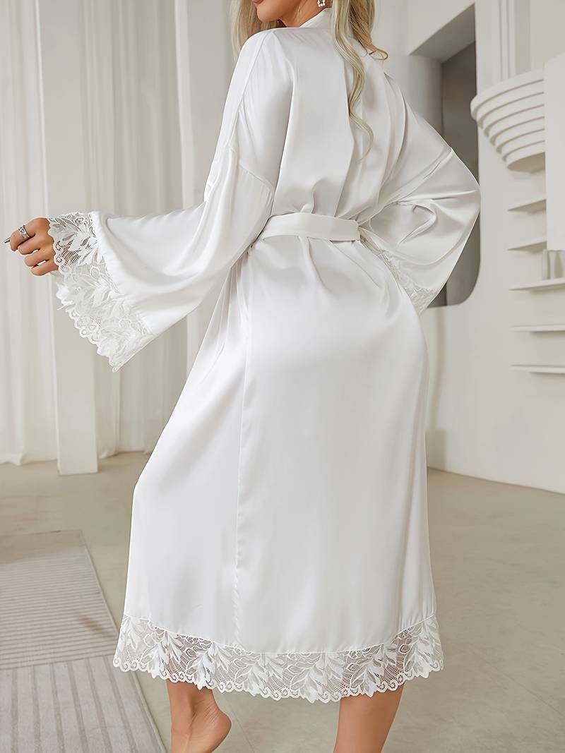Women's long quilted satin kimono robe with trim