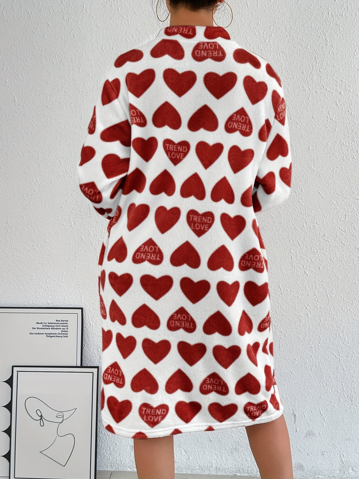 Women's red heart flannel zip-up dressing gown