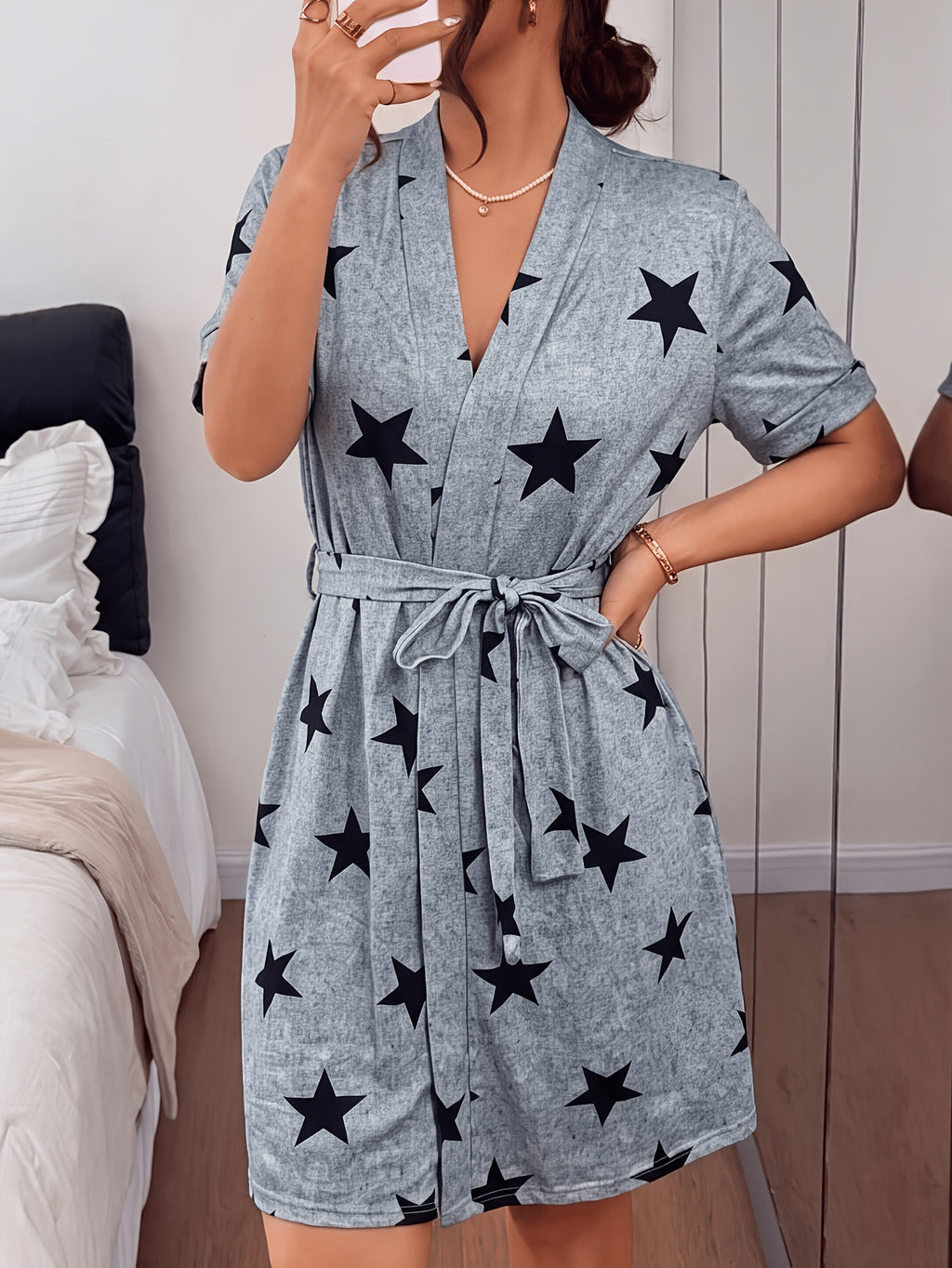 Women's grey star print dressing gown