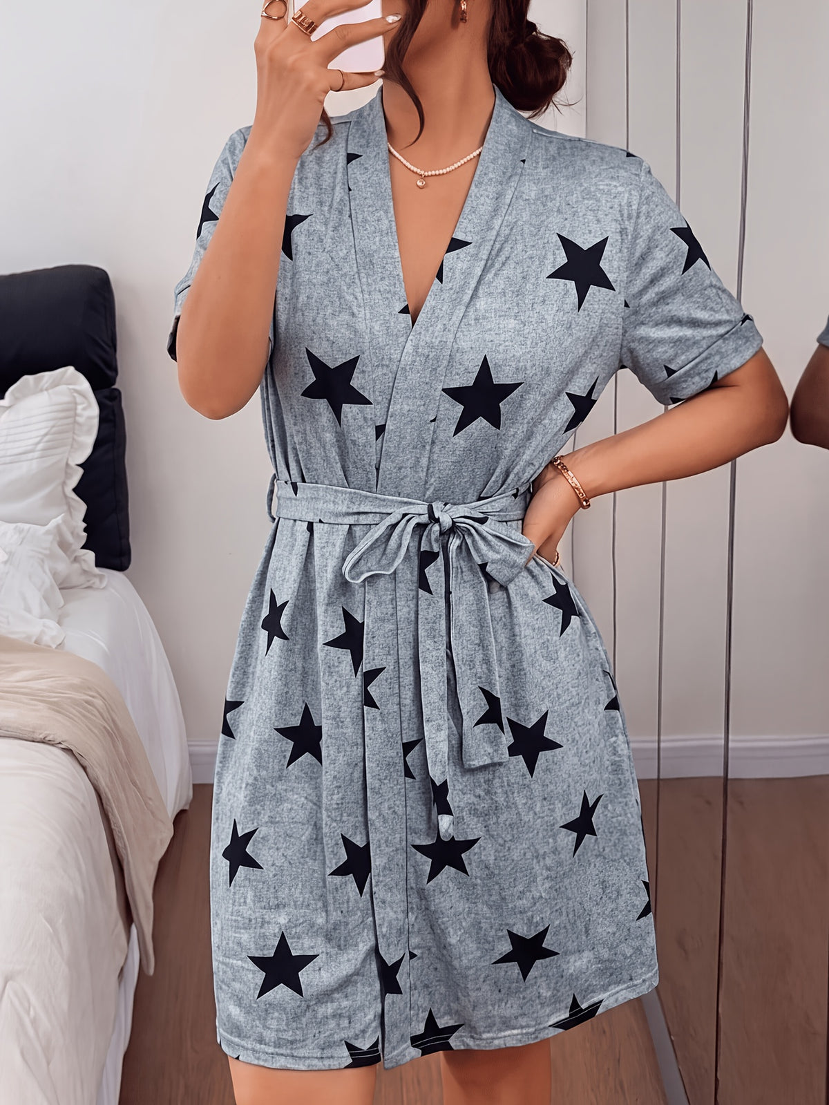 Women's grey star print dressing gown
