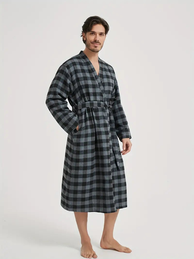 Men's long checked cotton dressing gown