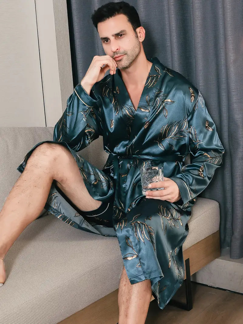 Men's long green satin bathrobe