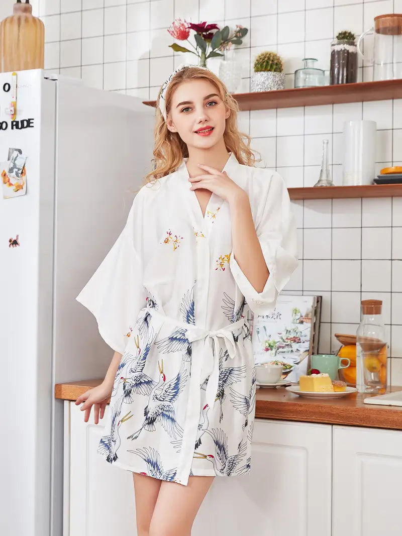Women's short crane print kimono robe — White
