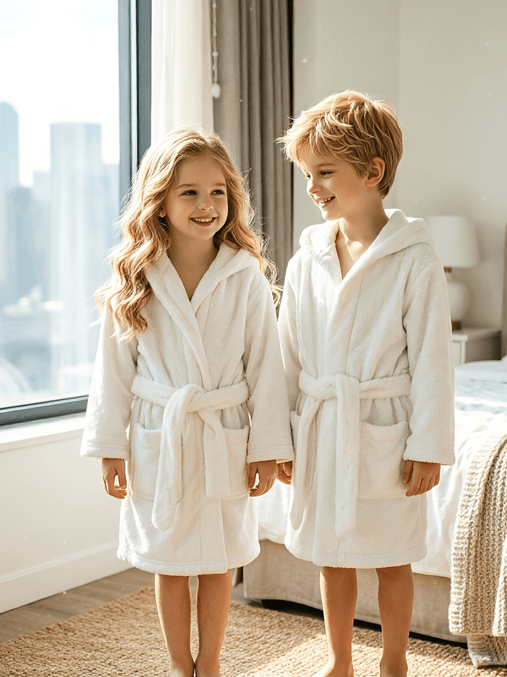 Kids' white hooded flannel bathrobe