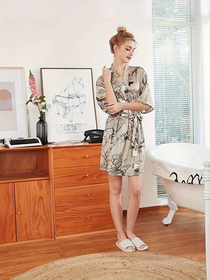 Women's pink floral satin kimono robe