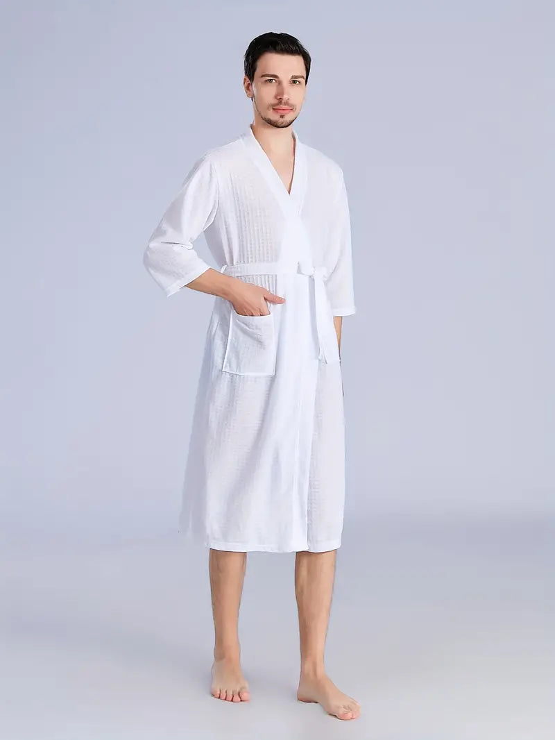 Men's short waffle bathrobe — White