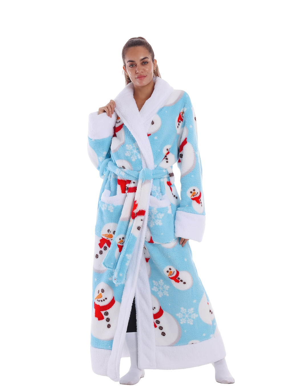 Women's blue snowman print fleece dressing gown