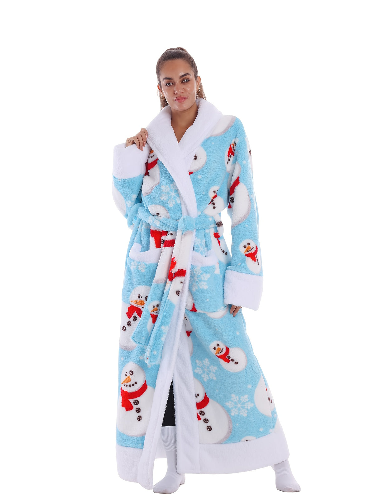 Women's blue snowman print fleece dressing gown