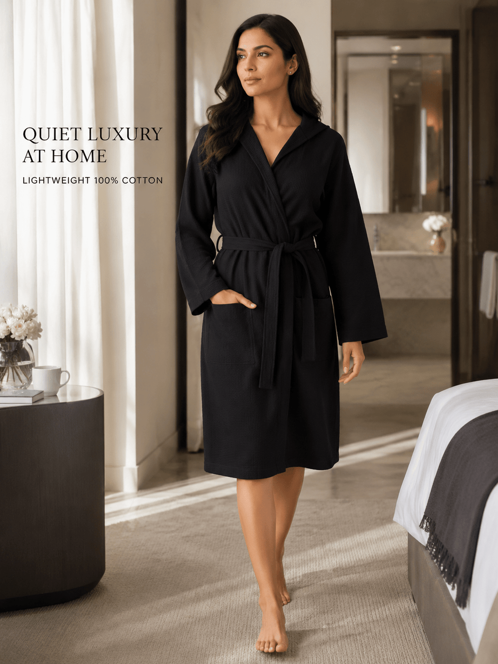 Women's hooded waffle bathrobe