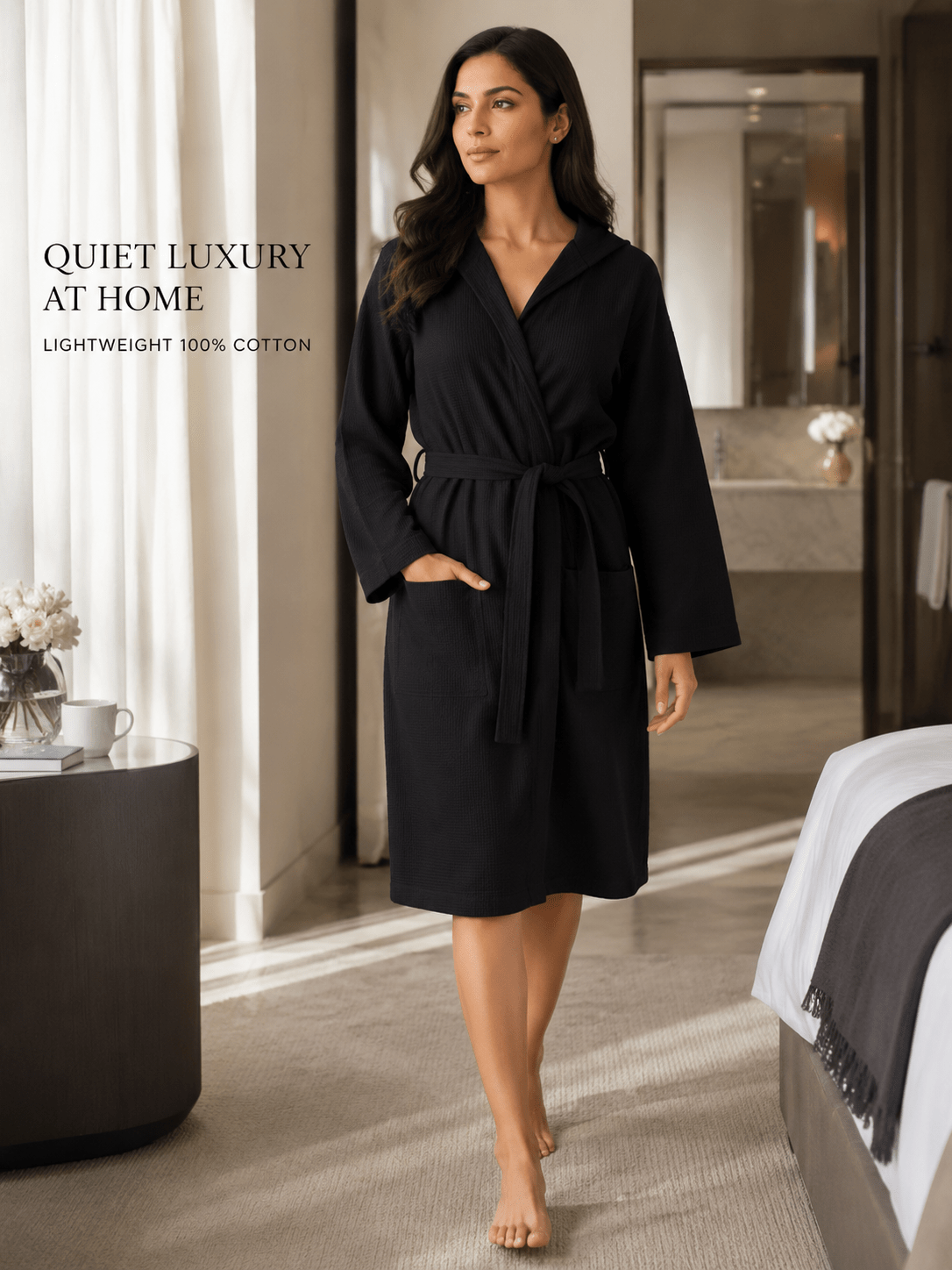 Women's hooded waffle bathrobe