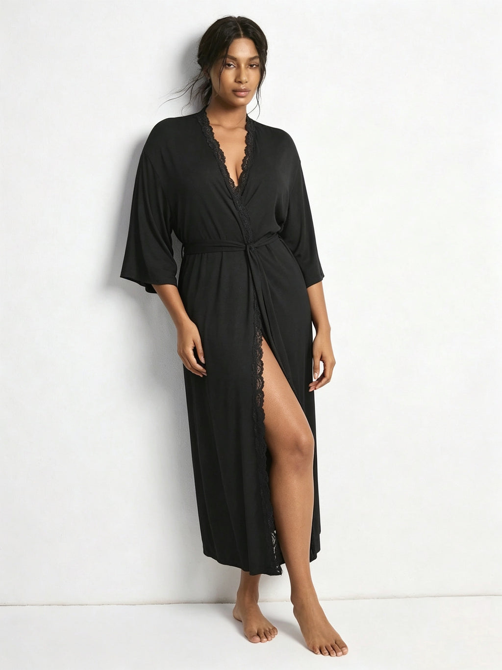 Women's black modal lace dressing gown