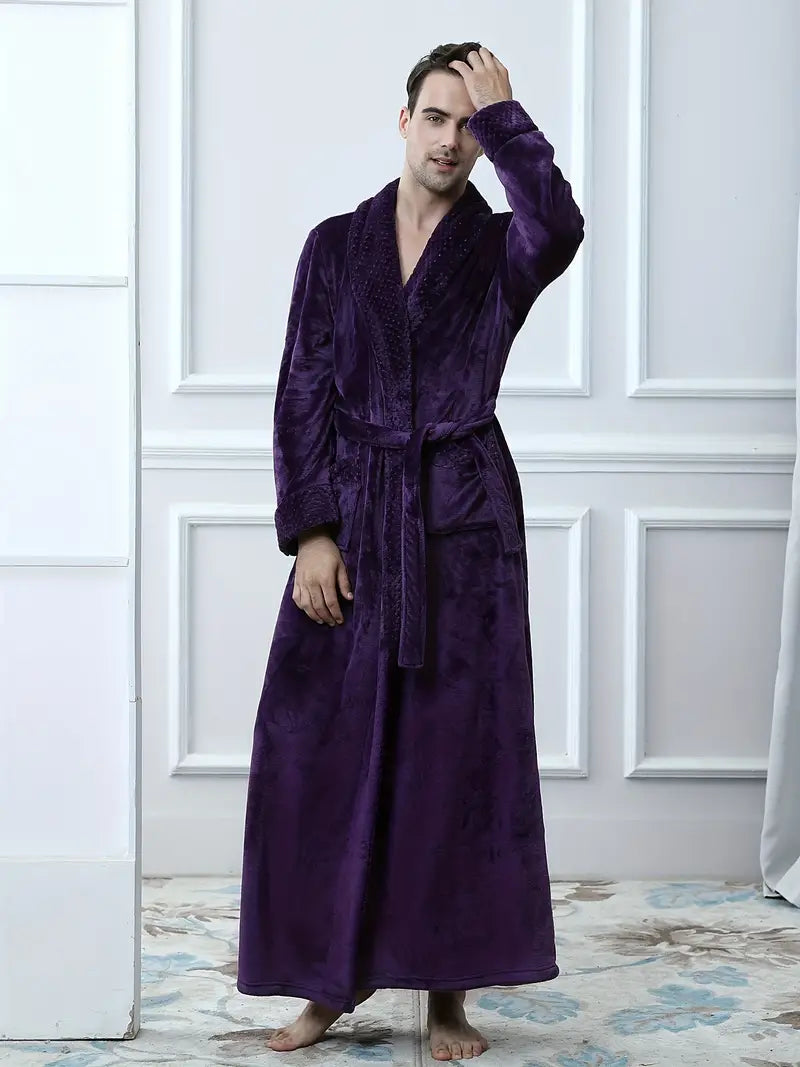 Men's long thick fleece bathrobe, luxury