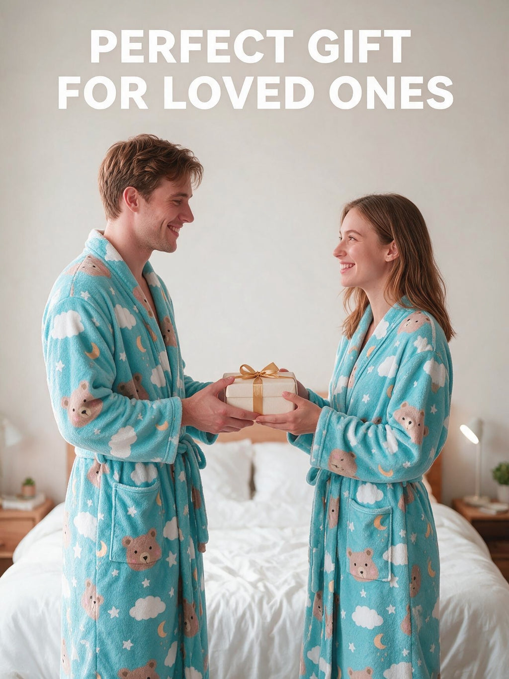 Women's teal bear print fleece bathrobe