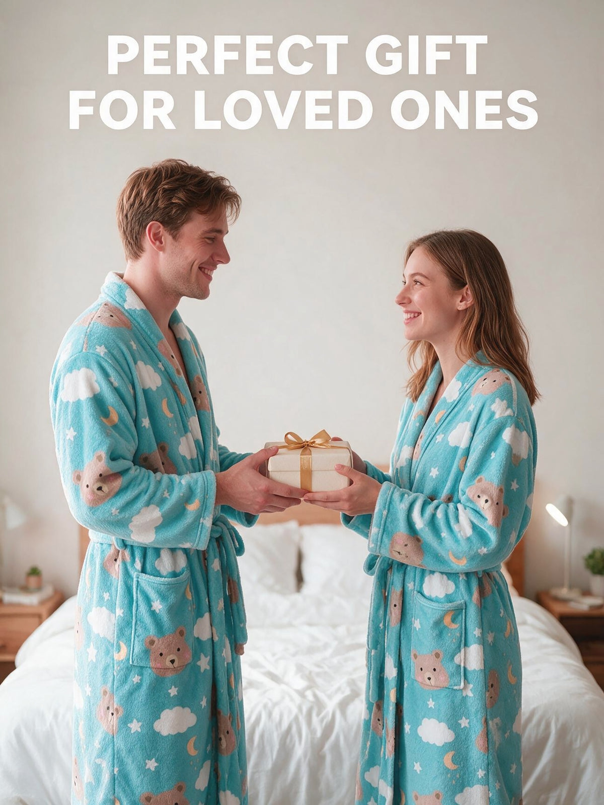 Women's teal bear print fleece bathrobe