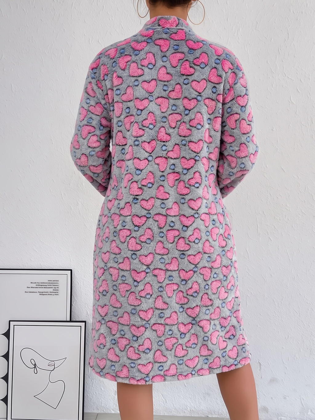 Women's heart and polka dot flannel zip-up dressing gown