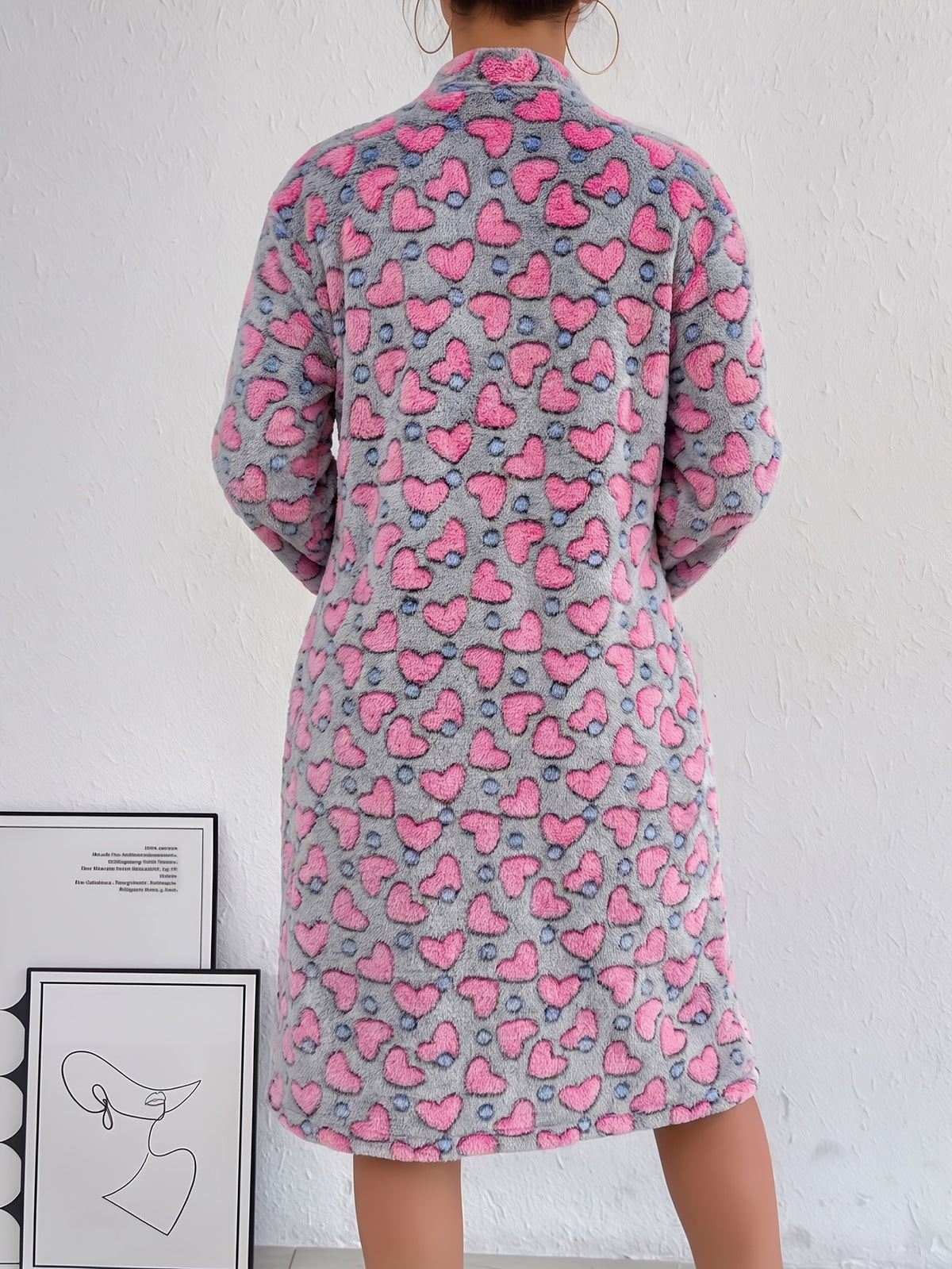 Women's heart and polka dot flannel zip-up dressing gown