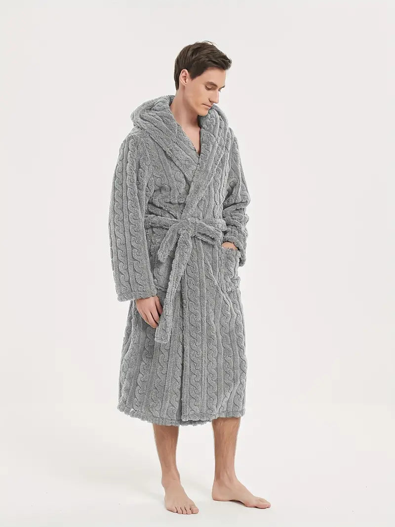 Men's hooded winter fleece bathrobe