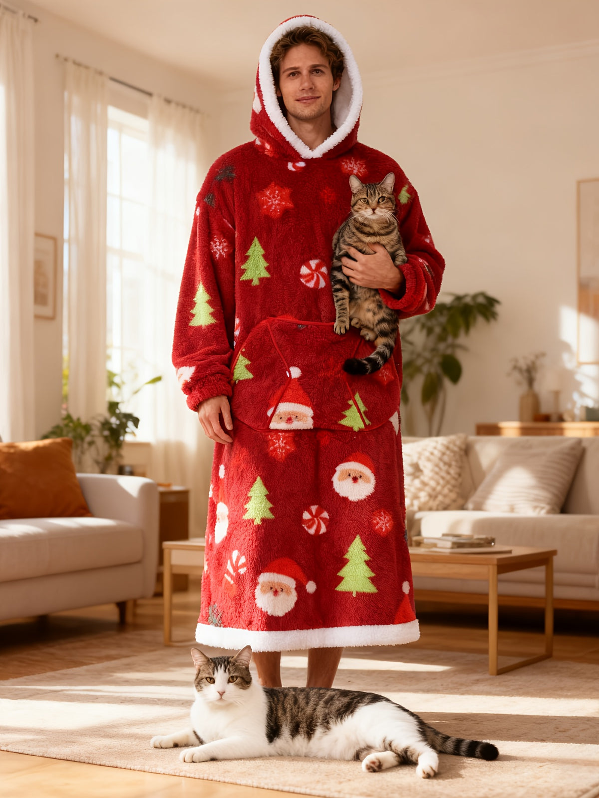 Women's red Christmas hooded fleece dressing gown