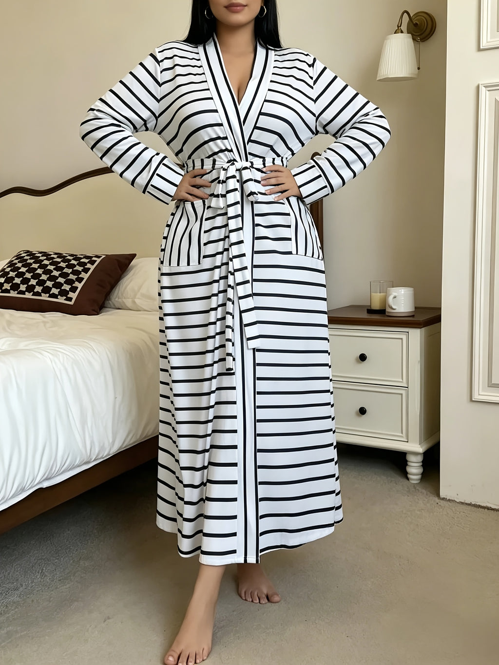 Women's plus size striped dressing gown