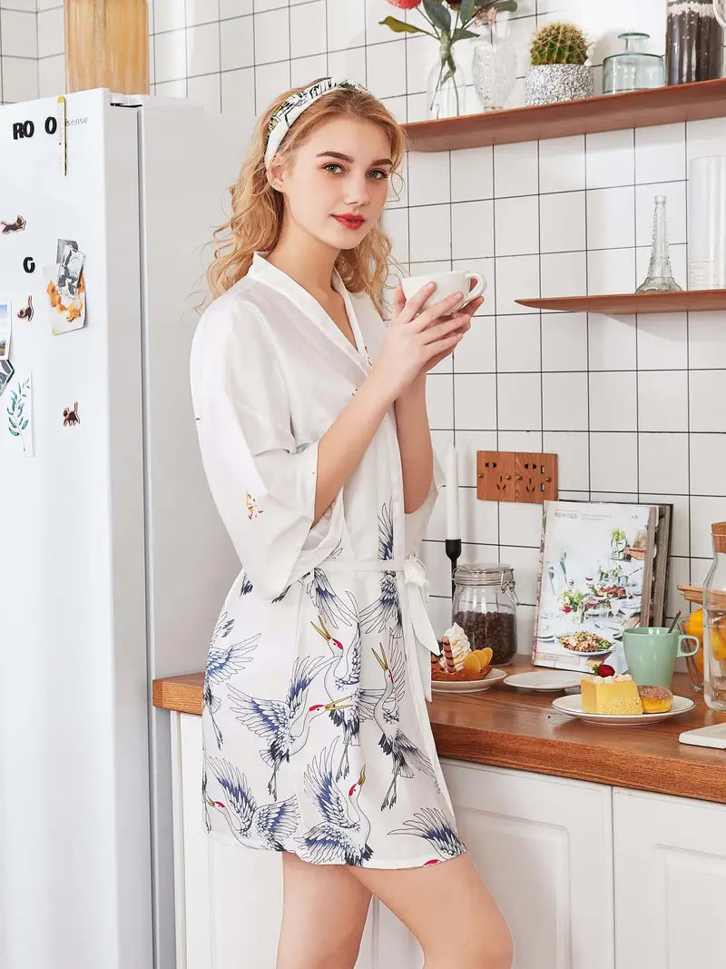 Women's short crane print kimono robe