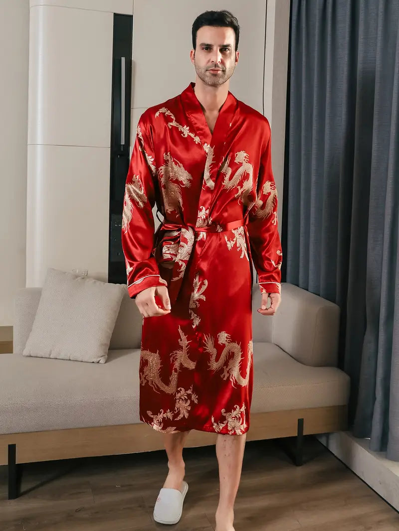 Men's black and red dragon kimono robe Image