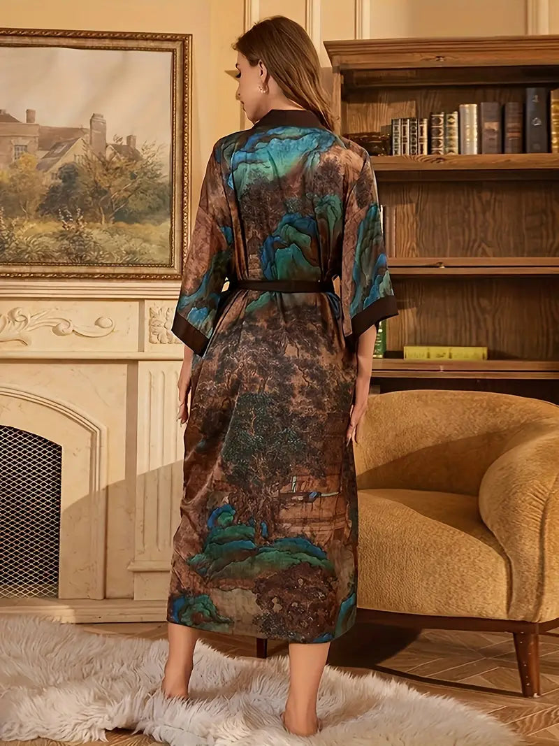 Women's long Chinese landscape satin kimono robe