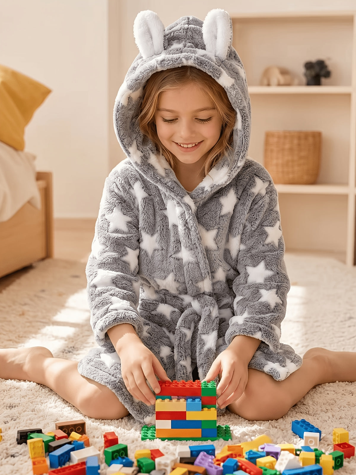 Girls' grey heart print hooded fleece dressing gown