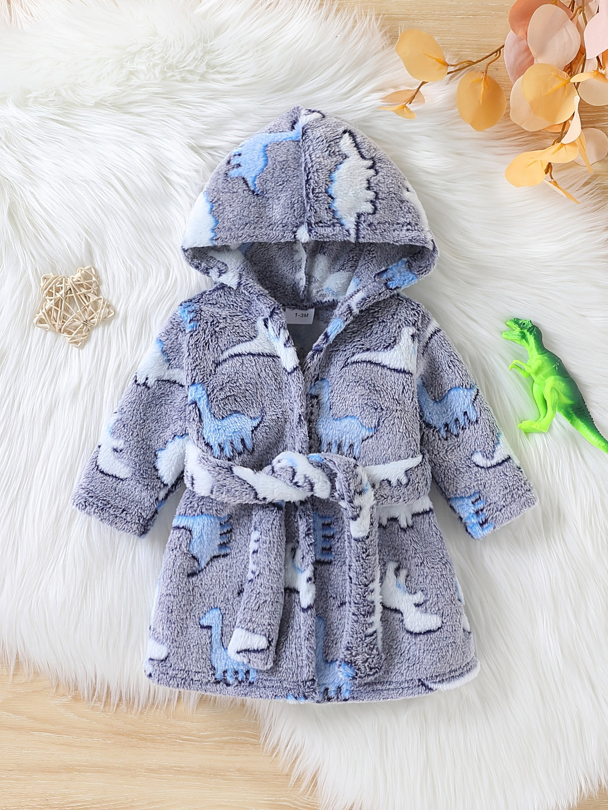 Baby long hooded dinosaur fluffy fleece dressing gown